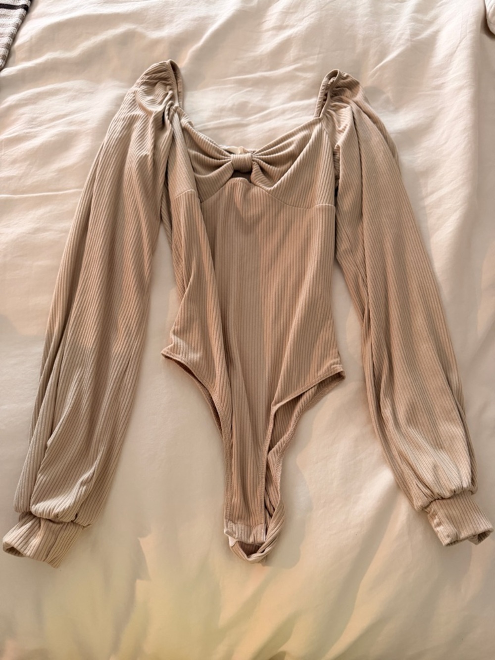 Altar'd State Beige Ribbed Tie-Front Long Sleeve Bodysuit